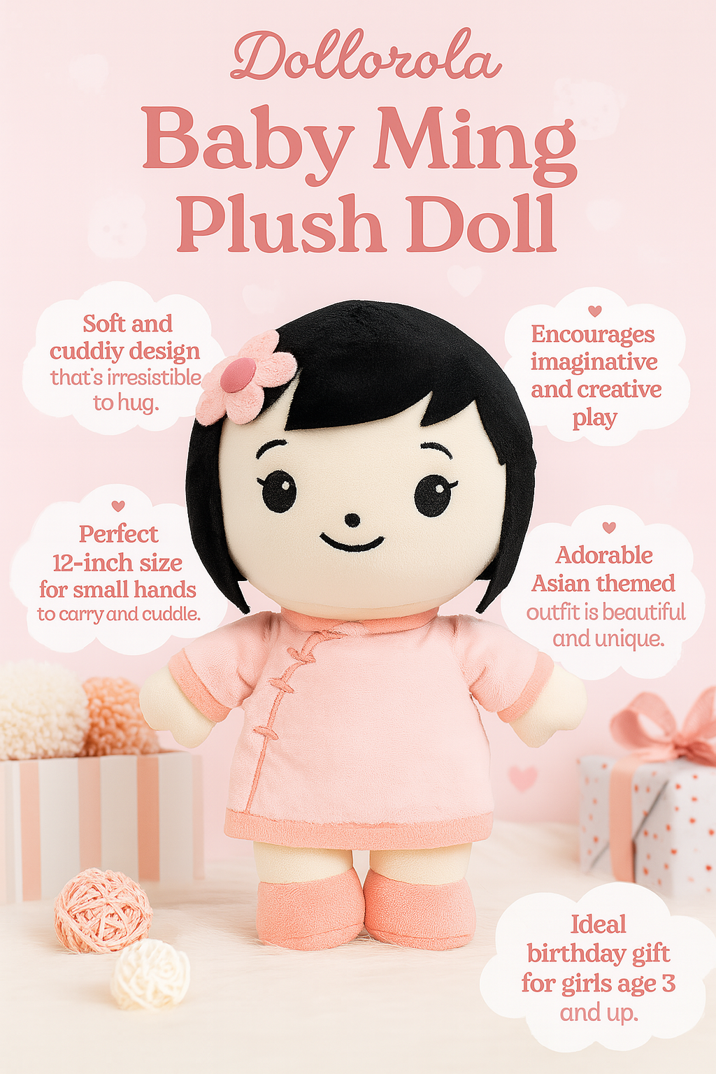 Dollorola Asian Baby Doll – 12” Asian Plush Doll  for Girls, Soft Cuddly Birthday Gift for Girls Ages 3+